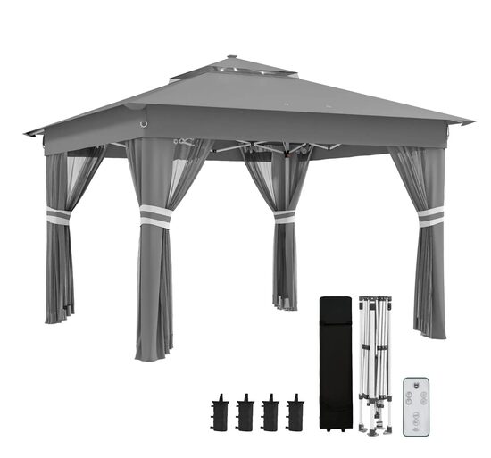 Outsunny садовая беседка с солнечным LED освещением, тентом, палаткой для вечеринок со стенами, серая, 4 x 4 x 3 м